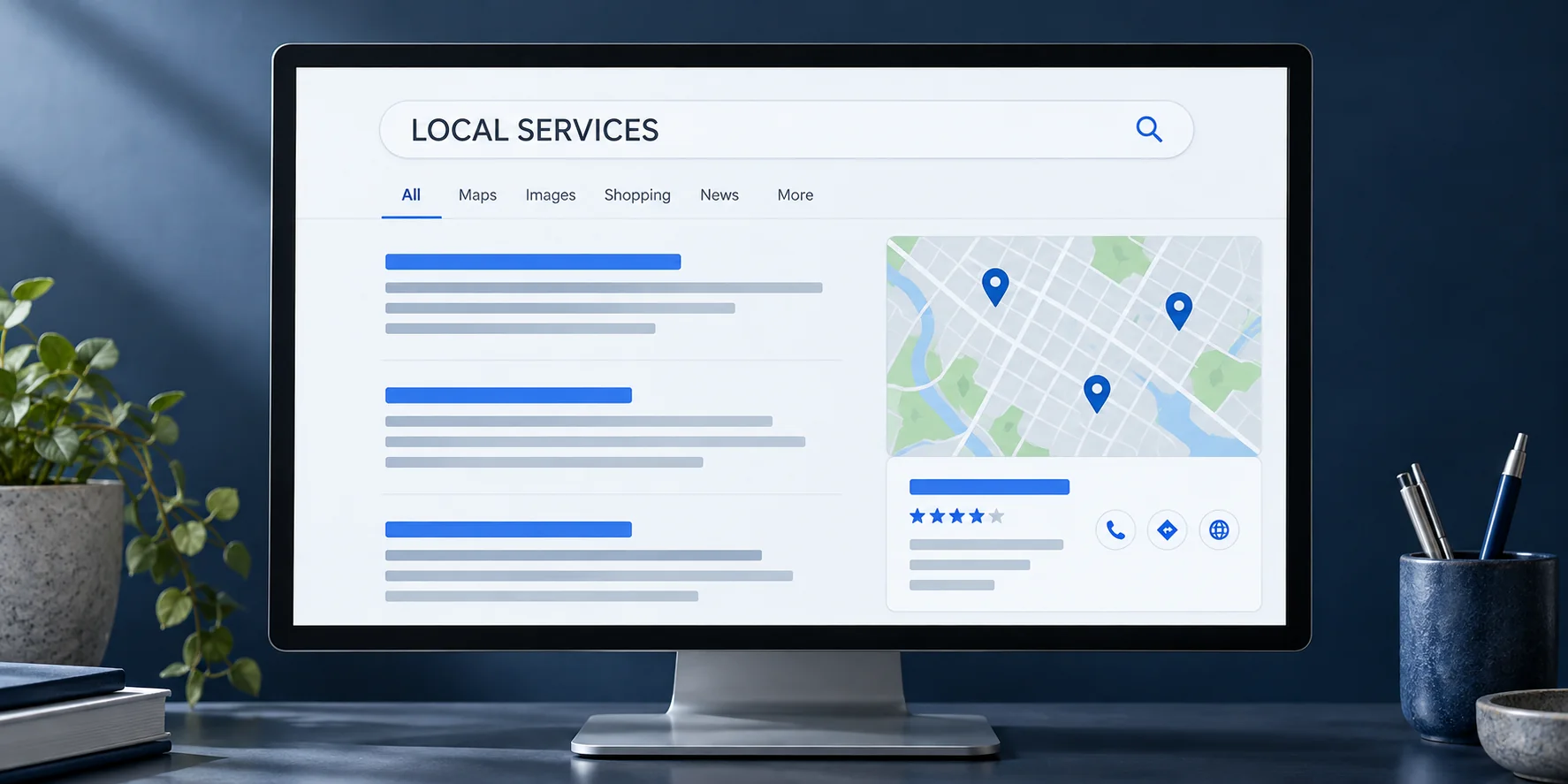 Illustrative search results and local business map